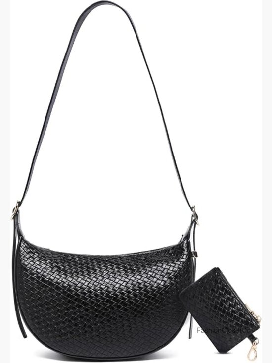 Handbags - Woven Crescent Shoulder Bag 2PC Vegan Leather Hobo Crossbody Handbag with Small
